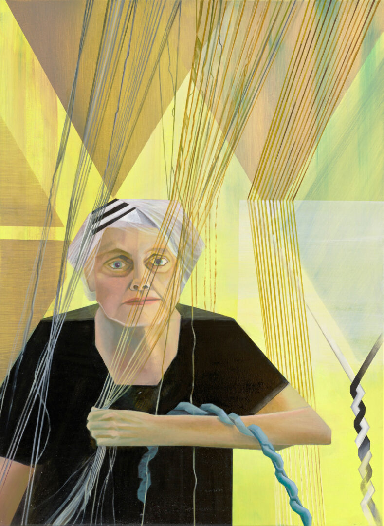 Archibald Prize 2025 finalist, Madeleine Kelly ‘Diana through threads’, oil and synthetic polymer paint on polyester, 96.8 x 71.2 cm © the artist, image © Art Gallery of New South Wales, Jenni Carter Sitter: Diana Wood Conroy