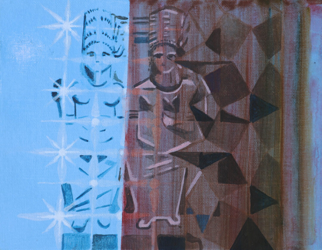 Madeleine Kelly Aphrodite Chthonia and Ourania with Stars 2023 Acrylic on canvas board 18 x 23 cm