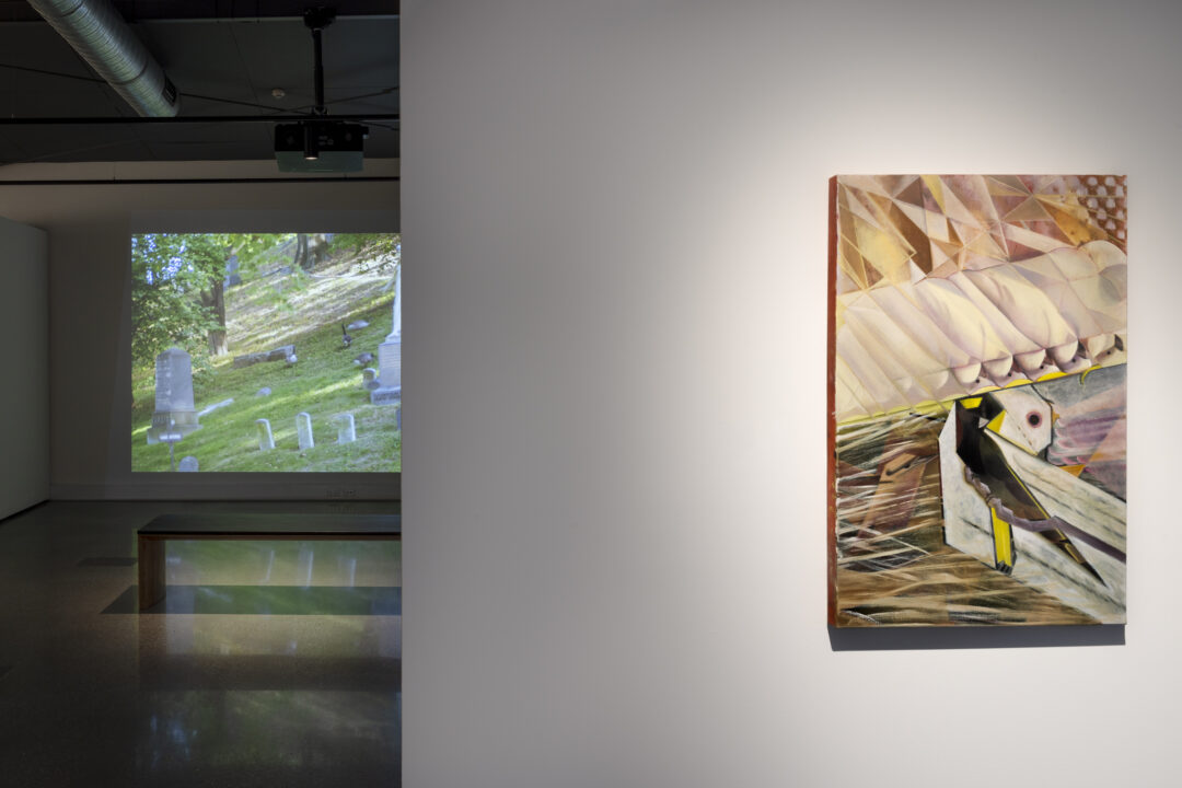 Installation view Avian Assembly: Madeleine Kelly Prophets, 2024 Oil on polyester 92 X 61 cm, Fernando do Campo Pishing In The Archive, 2021 Single channel video