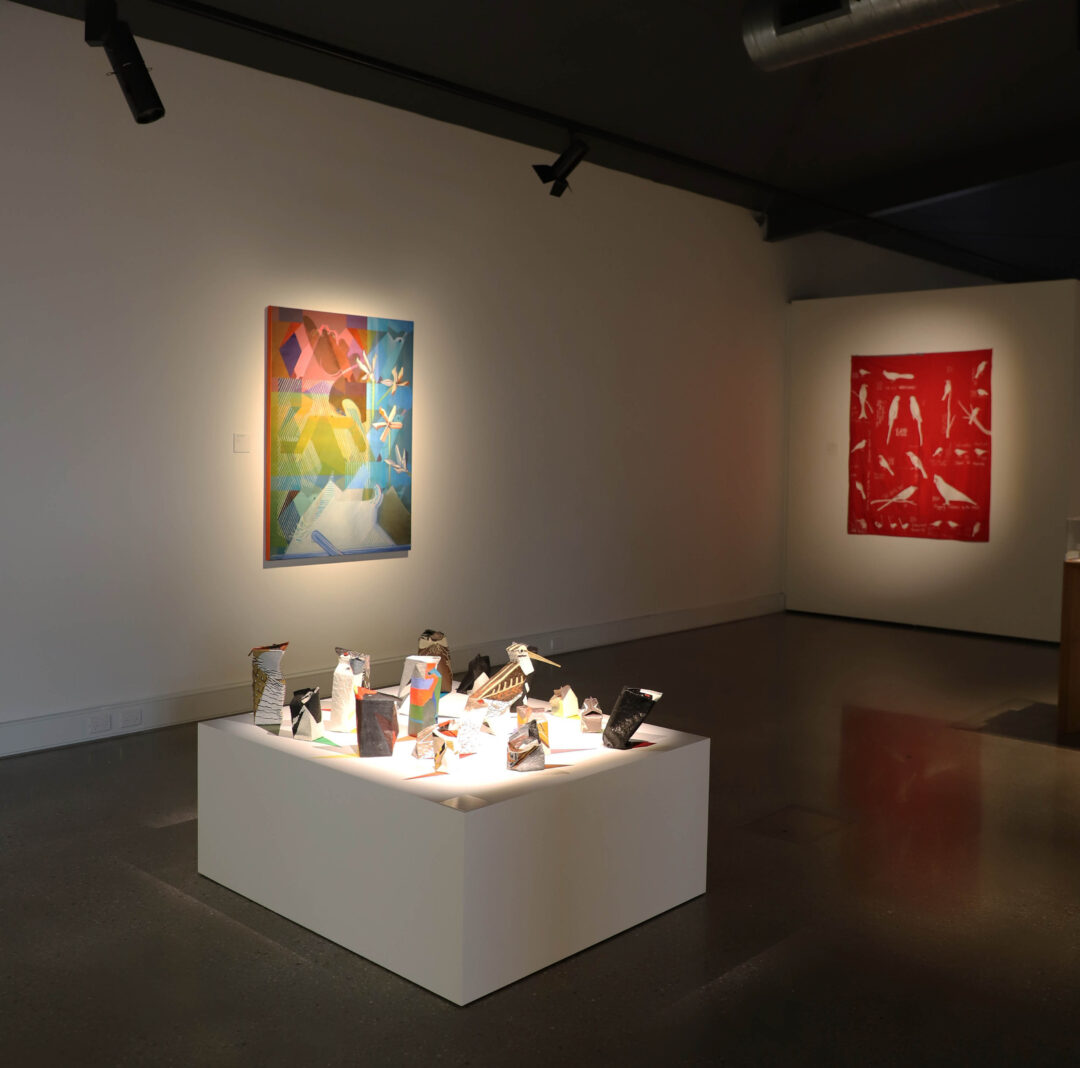 Installation view Avian assembly: Madeleine Kelly Canberra Birds: Cute Craft for the Archive of Painting, 2018 – 19; Madeleine Kelly Stair Ghost 2019 Oil on polyester 137 x 101 cm; Raquel Ormella; 340 And Counting – 21 Species: 3 Parrots, 5 Thornbills, Some Honeyeaters, Wrens And Flycatchers 2021